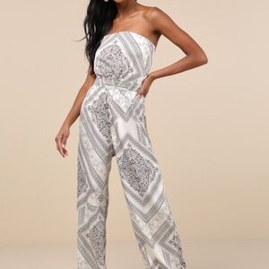 Lulus Western Direction Ivory Scarf Print Satin Strapless Jumpsuit White